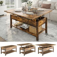 the table is made out of wood and has three trays underneath it, along with two side tables