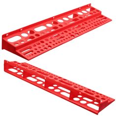 two red plastic shelves with holes on each side