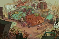 Junkyard Concept Art, Junkyard Illustration, Trash Island, Sunset Overdrive, Dystopian Books, Background Drawing, Japanese Tattoo Art