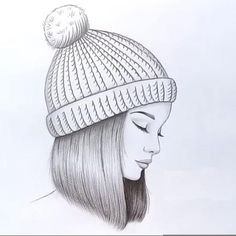 a drawing of a woman wearing a knitted hat with a pom - pom