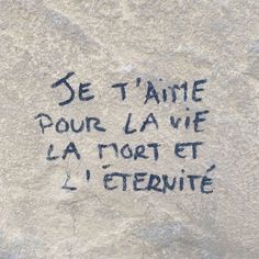 graffiti written on the side of a building in french and english, which reads se t'aime pour la vie la fort de l'eternite