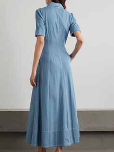 Plain Shirt Collar Loose Short sleeve Urban Denim Maxi Dress With No | stylewe Modest Denim Dress, Denim Dresses For Women, Jeans Dress Outfit, Dress Shirt Collar, Shirt Collar Pattern, Shirt Dress Pattern, Womens Denim Dress, Denim Maxi Dress, Denim Midi Dress