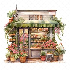 a watercolor painting of a flower shop