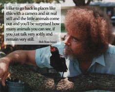 a man holding a bird in his hand with a quote from bob ross on it