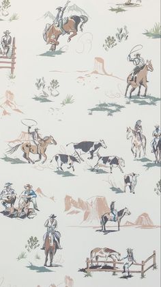 the wallpaper has horses and cowboys on it