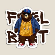 a sticker with a bear wearing a blue jacket and yellow shirt on it's chest