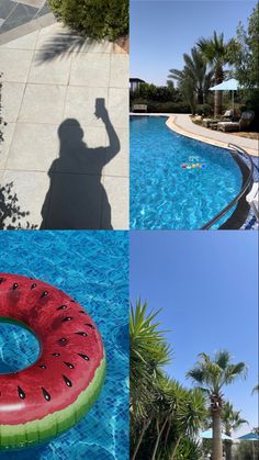 a collage of photos with watermelon in the pool and palm trees on the other side