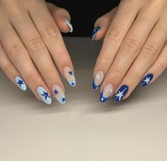 Rare Nails Designs, Acrylic Nails Royal Blue, Nail Ideas Almond Shape, Almond Shape French Tip, Quirky Nails, Nail Art Natural Nails, Y2k Acrylic Nails, Stars Nail Art, Y2k Acrylic