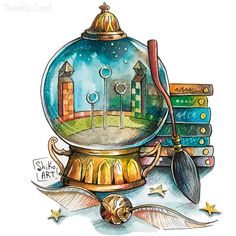 a drawing of a snow globe filled with books