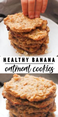 healthy banana oatmeal cookies stacked on top of each other with the title above it