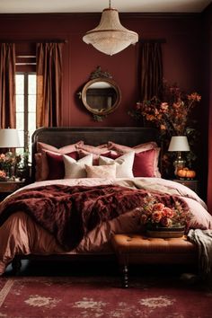 Immerse yourself in the sumptuous embrace of this regal Autumn-themed bedroom. The deep red Fall wall decor and flowing drapes create an alluring backdrop for an opulent retreat. Floral arrangements provide a natural flourish, while antique elements add character. Plush bedding in rich hues, accompanied by Autumn wall art, weaves a tapestry of luxury and comfort. Soft, warm lighting bathes the room, crafting an Autumn haven that invites tranquility and indulgence. Wall Art Bedroom Vintage, Mahogany Bedroom Ideas Master Suite, Autumnal Bedroom Ideas, French Maximalist Bedroom, Deep Red Interior, Luxury Art Deco Bedroom, Dark Romantic Interior, Moody Warm Bedroom, Rust And Blush Bedroom