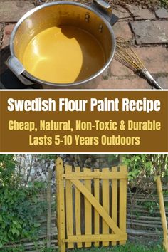 a yellow pan sitting on top of a wooden table next to a metal pot filled with liquid