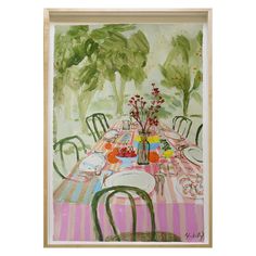 a painting of a table set with flowers and plates