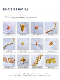 the instructions for how to sew an embroidered scarf with pictures of different stitches and threads