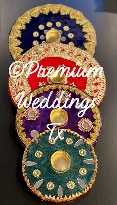 three different colored plates with the words premium wedding on them