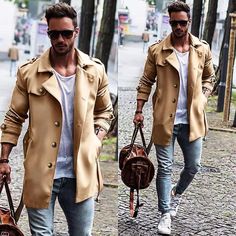 Spring New Slim Men's Coat In The Long Trench Coat Men Style Casual, Mens Fashion Coat, Mens Fashion Wear, Winter Outfits Men, Long Trench, Nice Outfits, Long Trench Coat