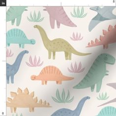 colorful dinosaurs on white background with green and pink leaves in the foreground,