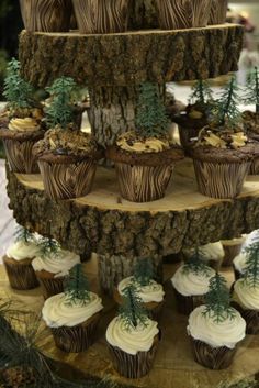 cupcakes are arranged in the shape of trees on a tree stump with white frosting
