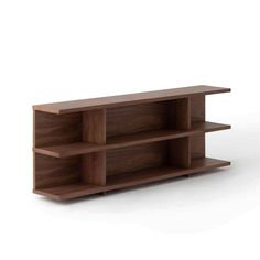 a wooden shelf with three shelves on each side and one section open to show the contents