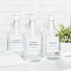 three glass bottles with labels on them are sitting on a counter next to a potted plant