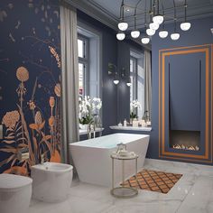 a bathroom with blue walls and floral wallpaper in the bathtub, toilet and bidet