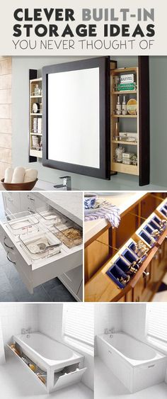 Clever Built-In Storage Ideas You Never Thought Of! • Some really good ideas here in this round-up of built in storage projects! Små Rum Lidt Plads, Mirror Storage, Wohne Im Tiny House, House Storage, Tiny House Storage, Smart Tiles, Hemma Diy, Jar Lanterns, Room Decor Diy