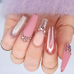 Apres Nails, Rose Gold Nails Acrylic, Custom Nails, Swarovski Nails, Wedding Nail