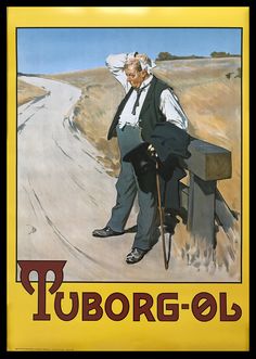 an old man leaning on a fence in front of a rural road with the words tuborg ol written below it