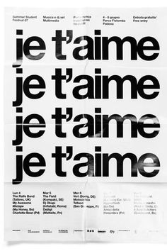 a poster with black and white type on it that says, je t'aime je