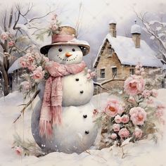 a painting of a snowman with roses in the foreground and a house in the background