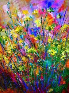 an abstract painting of colorful flowers in a vase