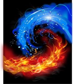 an abstract fire and water background with blue, red and yellow swirls on black