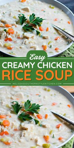 Warm your chilly day with a fall soup recipe! This Easy Creamy Chicken Rice Soup recipe features chopped cooked chicken, vegetables, chicken stock, and seasonings. Serve this cozy meal for a perfect fall comfort food for dinner!