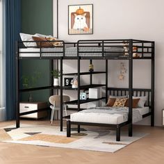 the bunk bed is black and has two sets of mattresses on top of it