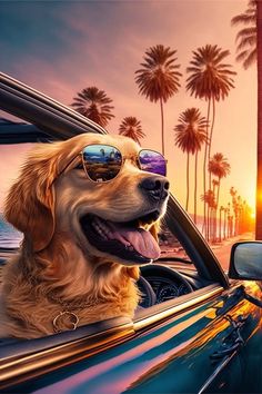 a golden retriever dog wearing sunglasses sitting in the driver's seat of a car