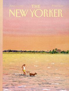 the new yorker magazine cover shows a man and his dog in the water with an orange sky