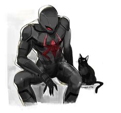 a black cat sitting next to a drawing of a spider man