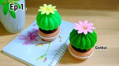 two crocheted cactus plants sitting on top of a notebook next to a flower vase