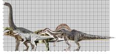 an image of three dinosaurs in front of a graph paper background with the same size and color