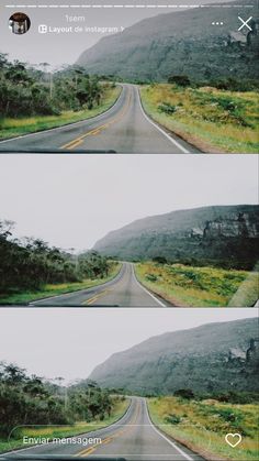 three different shots of a road with trees and hills in the background, taken from an iphone