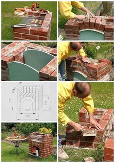 a man is building a brick fire pit