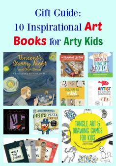 children's books about art and science with text overlaying the title, gift guide 10 inspirational art books for arty kids