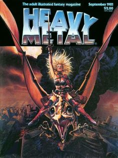 heavy metal magazine cover with an image of a woman on top of a giant bird