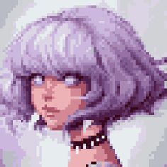 a pixelated image of a woman with purple hair