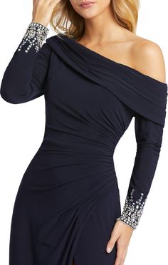 One-Shoulder Long Sleeve Jersey Gown | Nordstrom Nordstrom Dresses Formal, Mother Of The Groom Gowns, Long Dresses Casual Maxi, Mother Of The Bride Dresses Long, Mother Of Bride Outfits, Bride Gown, Evening Gowns With Sleeves, Mother Of The Bride Gown, Mother Of Groom Dresses