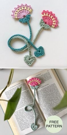 an open book with crocheted flowers on it and the title, free pattern