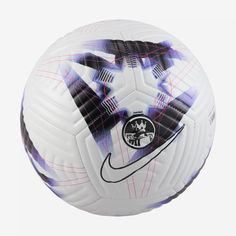 a white soccer ball with purple and black designs