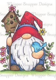 a gnome with a birdhouse and flowers in front of it, holding a blue bird
