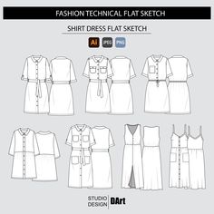 the front and back view of a women's dress sewing pattern, with different variations