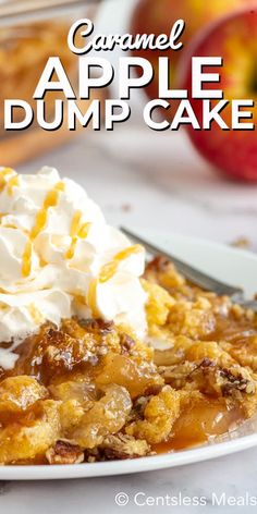this caramel apple dump cake is topped with whipped cream